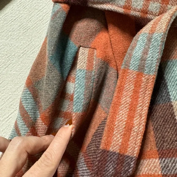 Chicwish Wool Blend Orange Teal Brown Plaid Wrap Coat S - Picture 5 of 8